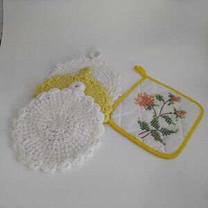 3 Crocheted Pot Holders 1 Embroidered Pot Holder Yellow/White